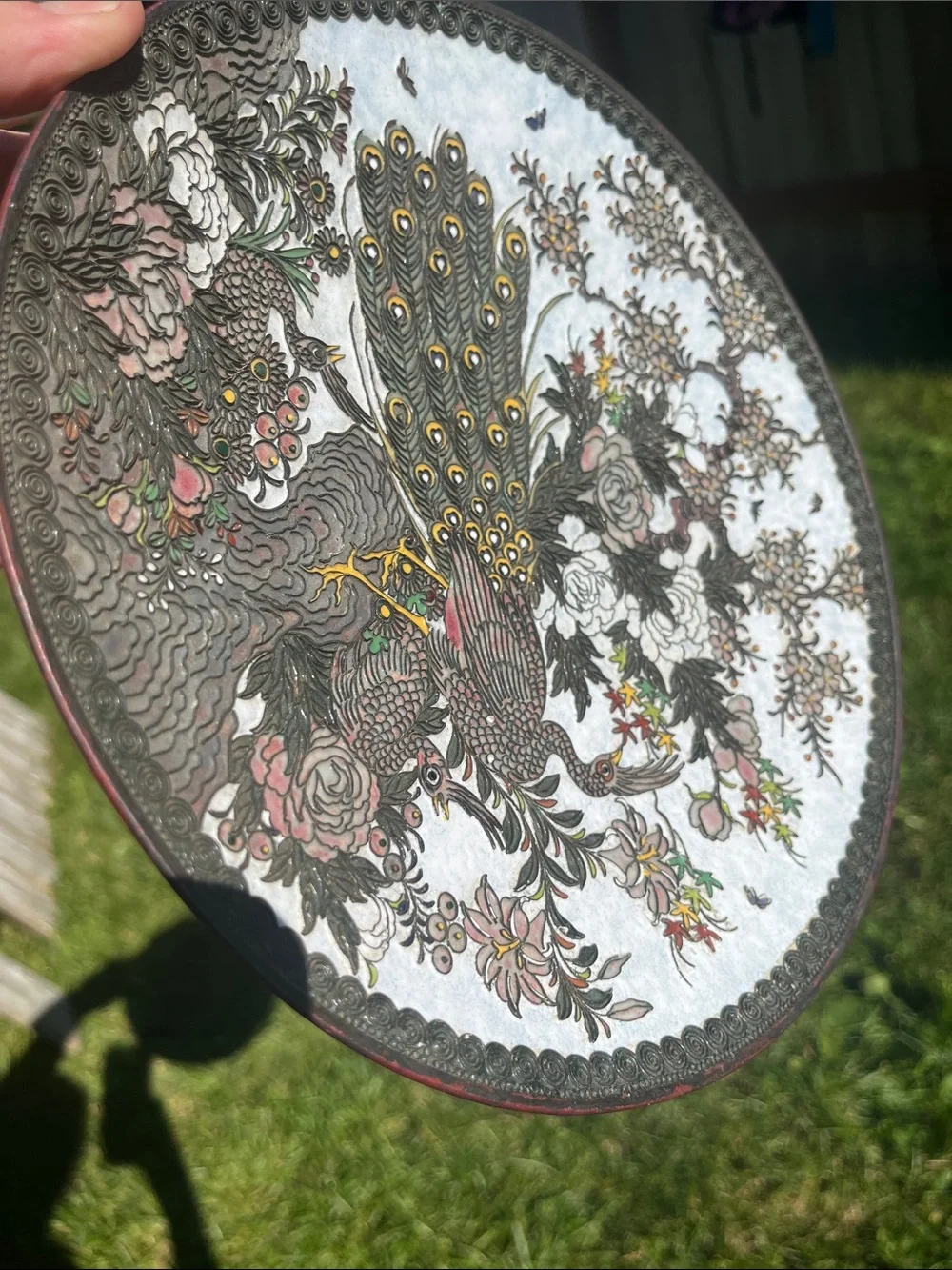 Metal scroll work Cloisonne plate bird and floral Design